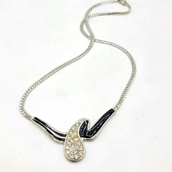 Pavé Rhinestone Teardrop Asymmetrical Ribbon Black Enamel Necklace Earrings Set - Picture 2 of 11